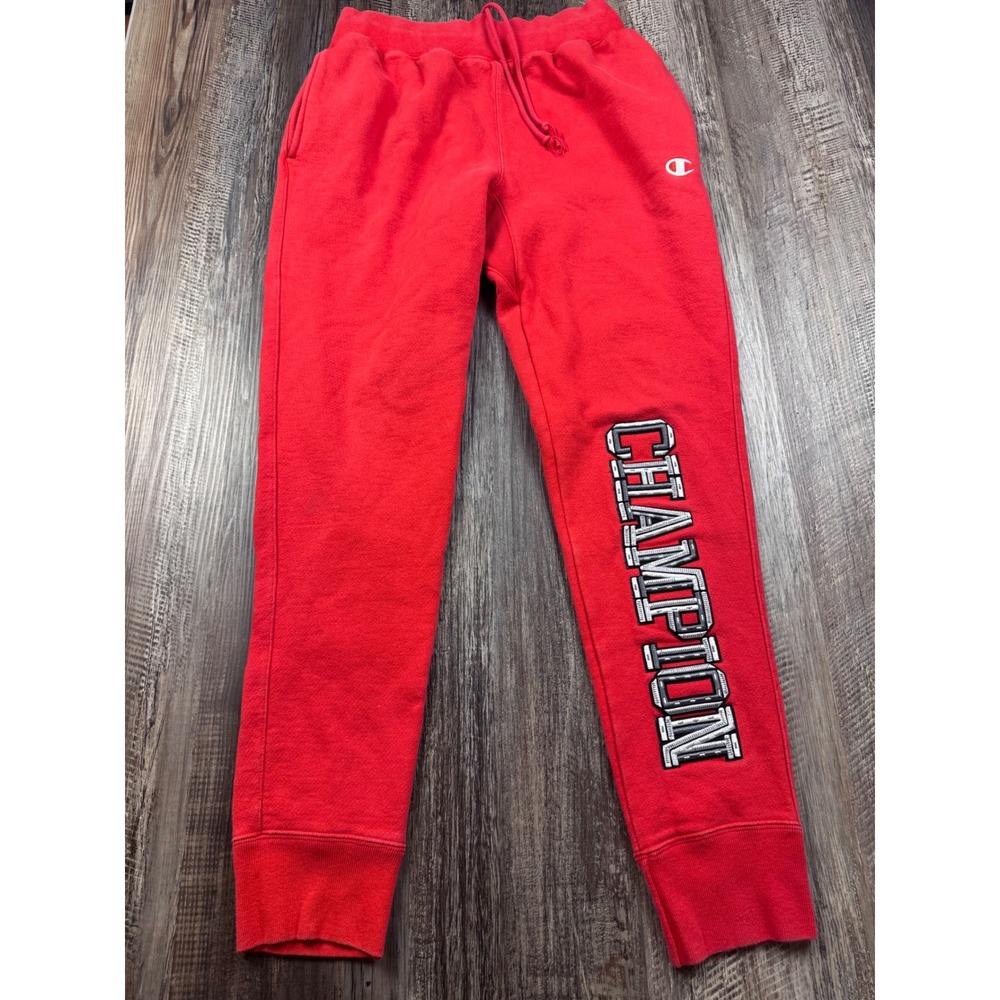 Champion Reverse Weave Red Joggers Large Logo Sweatpants GF01 Mens Medium